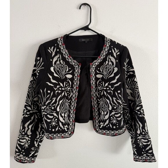 BCBG Maxazria Embroidered Cropped Blazer Jacket Size 4 Black White Red - Picture 1 of 13